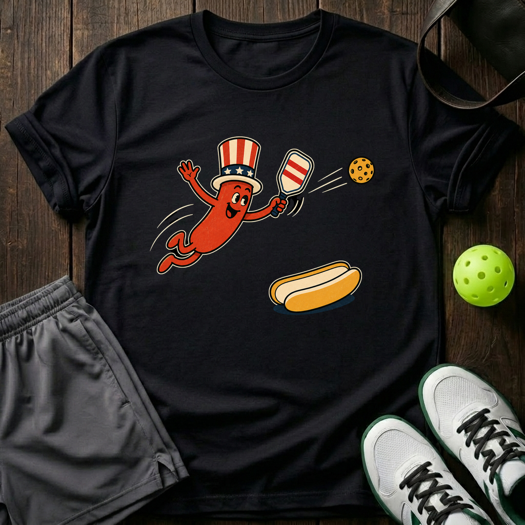 Uncle Sam Hot Dog Mascot Retro Cartoon Pickleball T-Shirt — Black