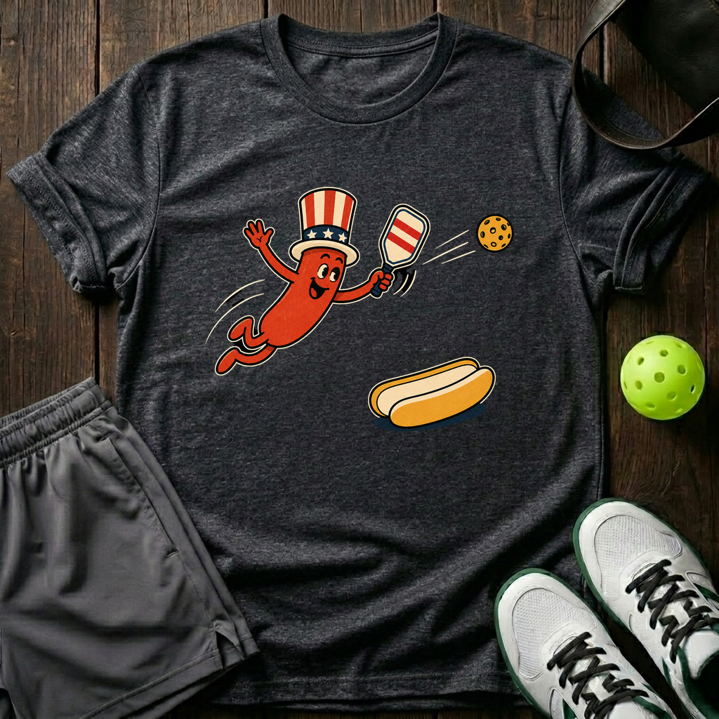 Uncle Sam Hot Dog Mascot Retro Cartoon Pickleball T-Shirt — Dark Heather