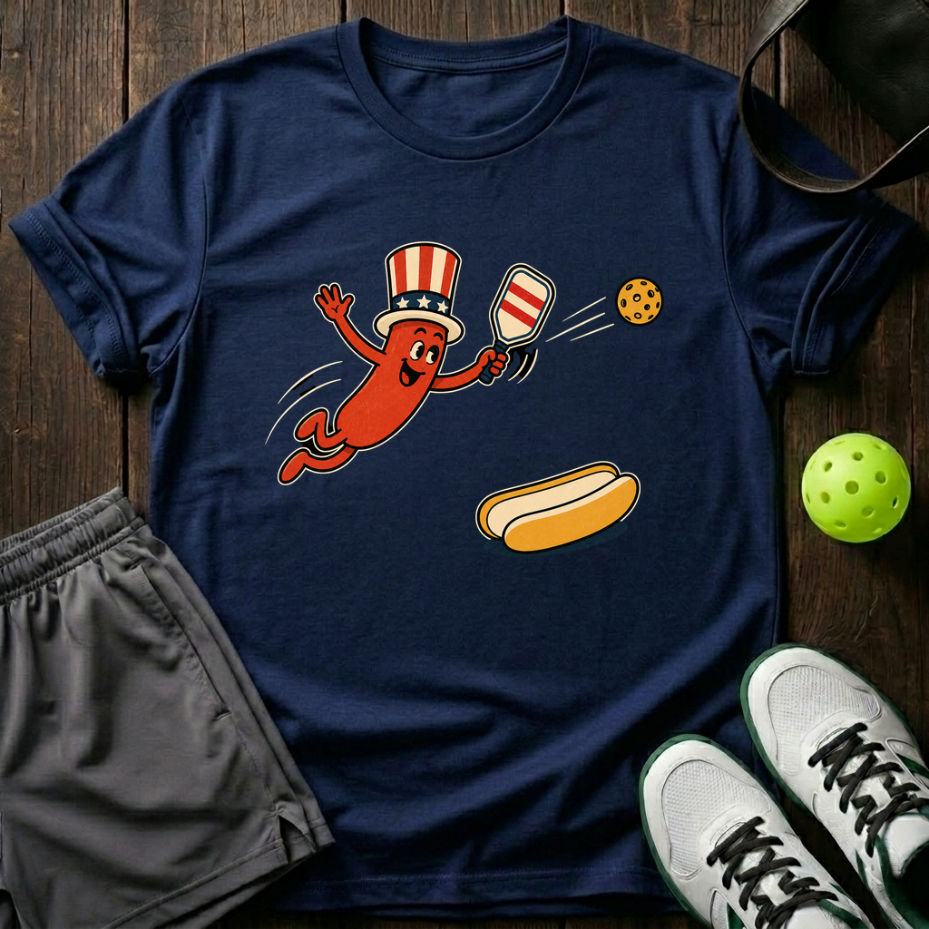 Uncle Sam Hot Dog Mascot Retro Cartoon Pickleball T-Shirt — Navy
