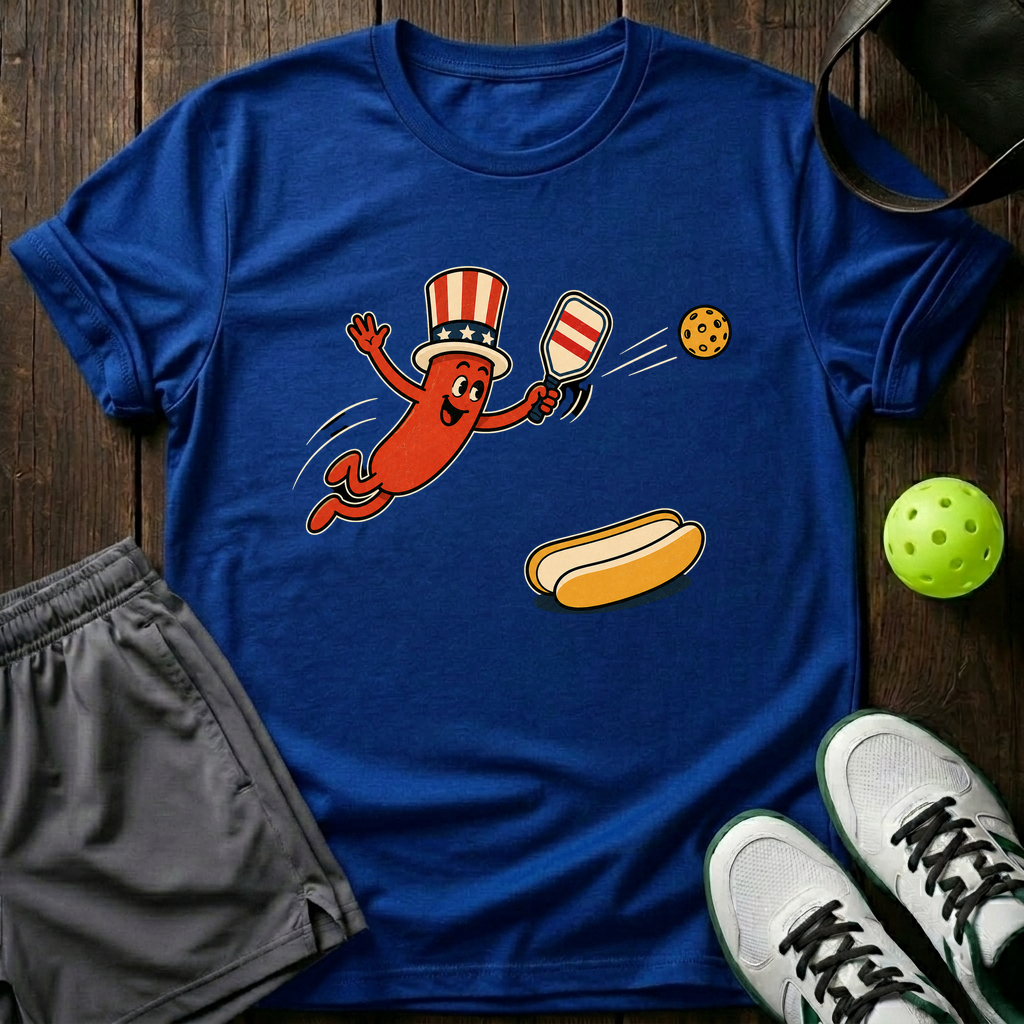 Uncle Sam Hot Dog Mascot Retro Cartoon Pickleball T-Shirt — Royal