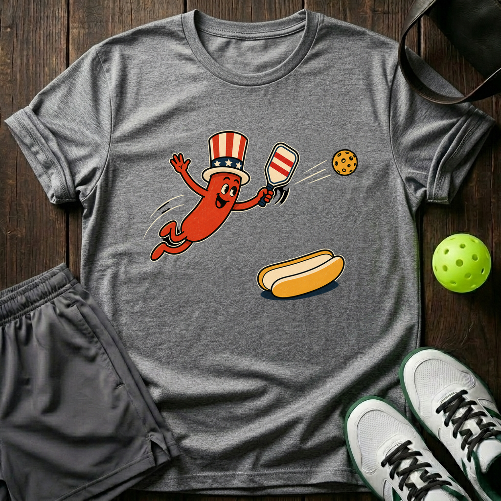 Uncle Sam Hot Dog Mascot Retro Cartoon Pickleball T-Shirt — Sport Grey
