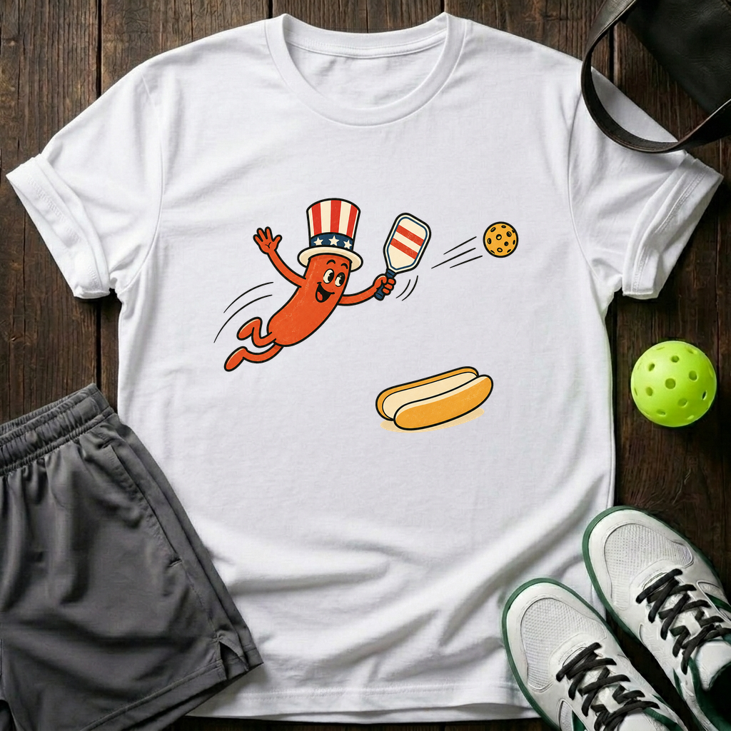 Uncle Sam Hot Dog Mascot Retro Cartoon Pickleball T-Shirt — White