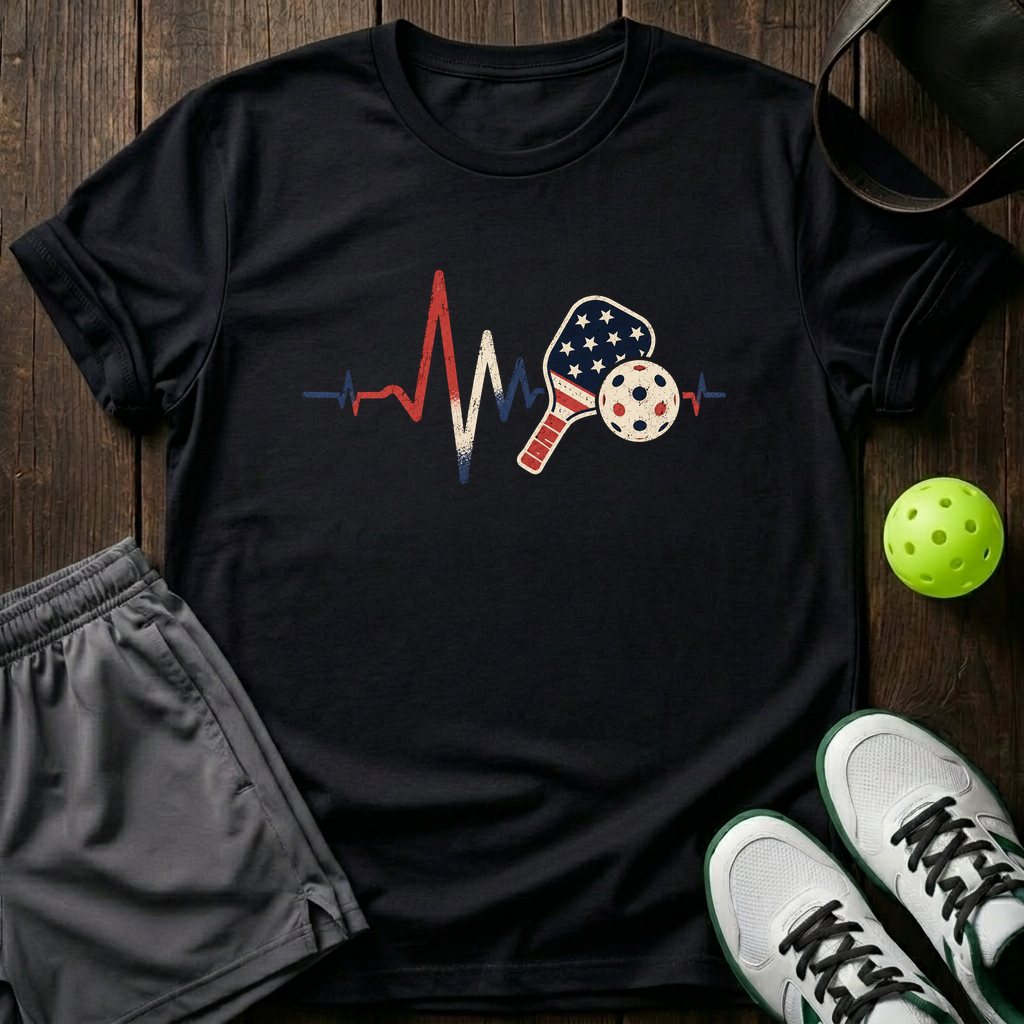 American Flag Heartbeat Ekg Paddle And Ball Vintage Pickleball T-Shirt — Black