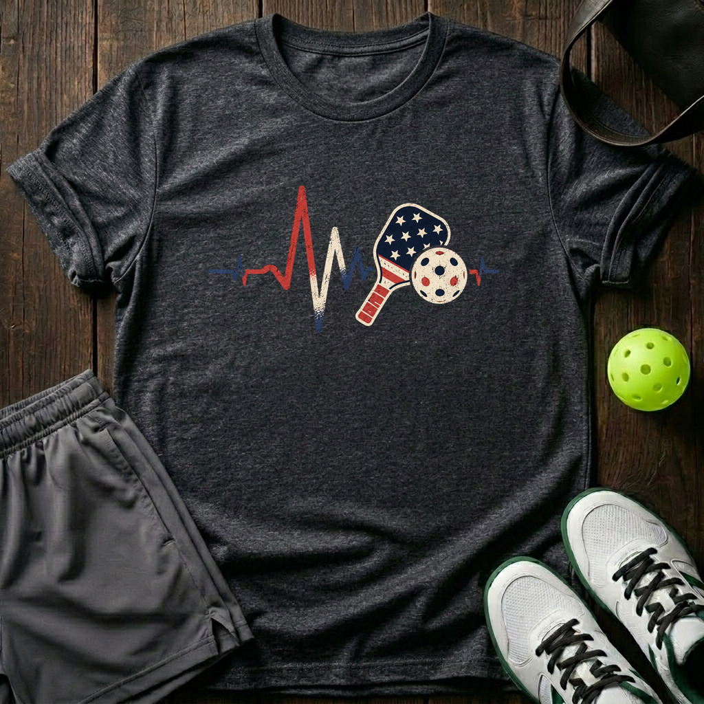 American Flag Heartbeat Ekg Paddle And Ball Vintage Pickleball T-Shirt — Dark Heather