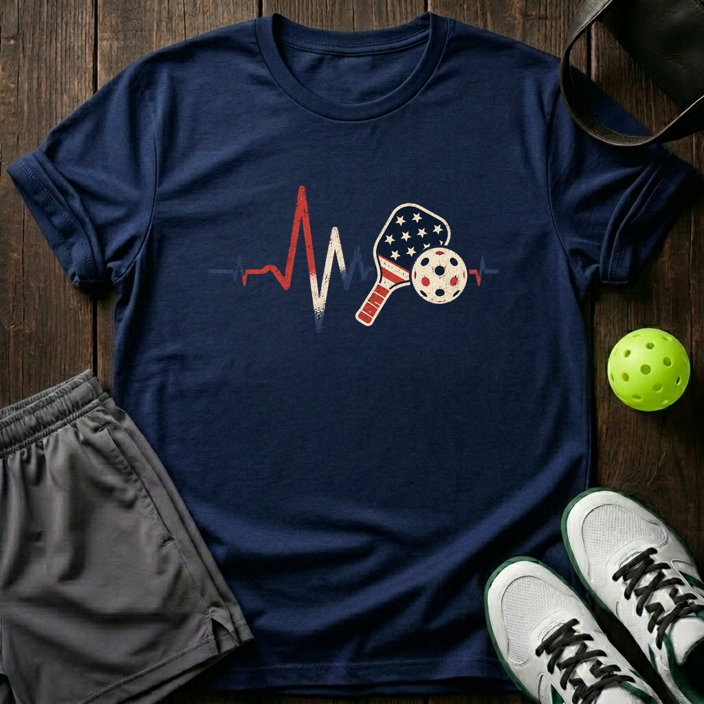 American Flag Heartbeat Ekg Paddle And Ball Vintage Pickleball T-Shirt — Navy