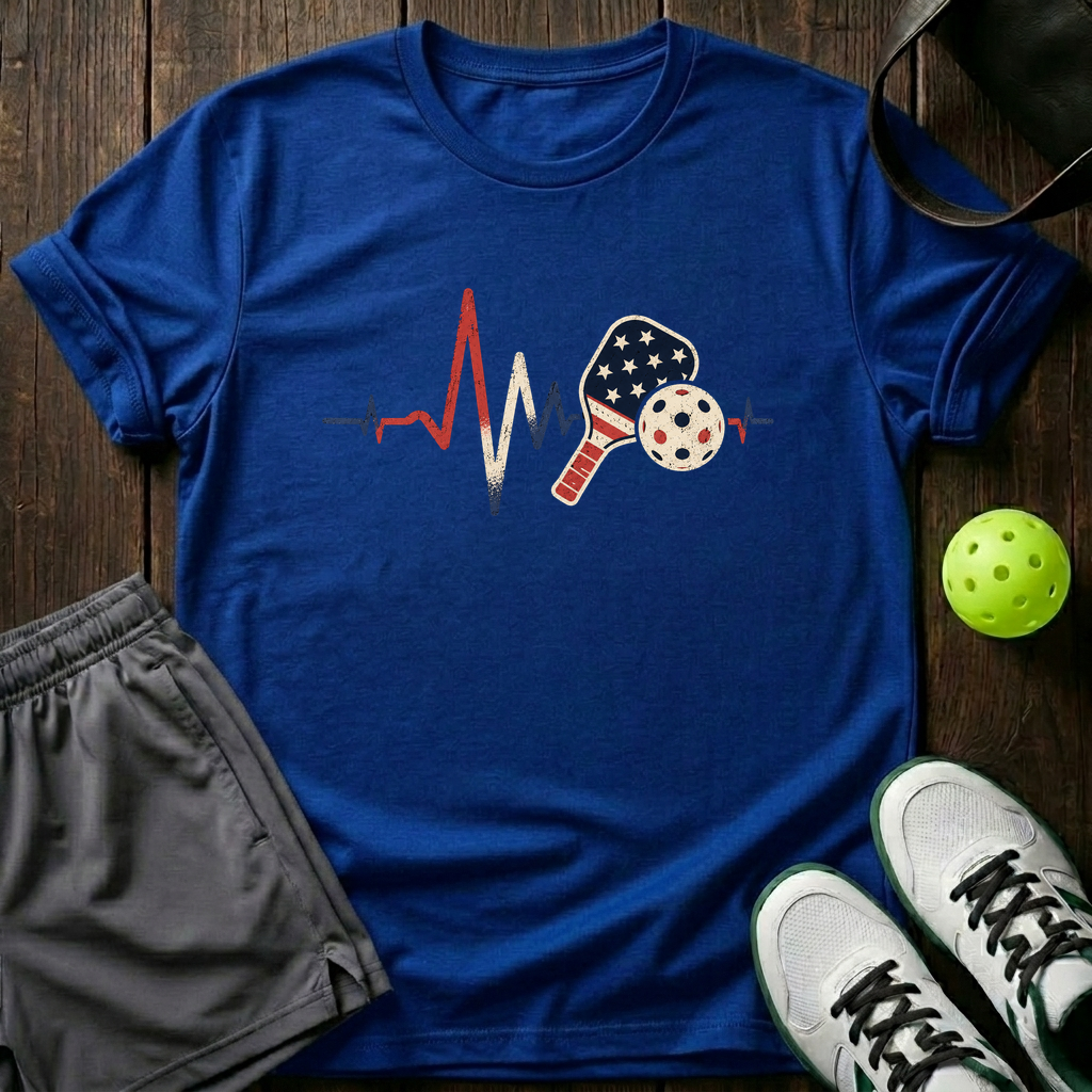 American Flag Heartbeat Ekg Paddle And Ball Vintage Pickleball T-Shirt — Royal
