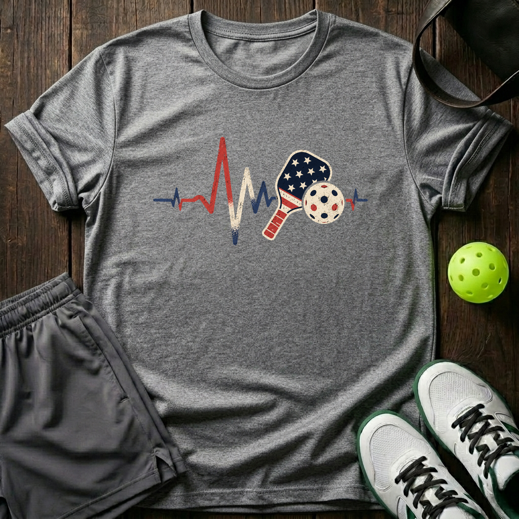 American Flag Heartbeat Ekg Paddle And Ball Vintage Pickleball T-Shirt — Sport Grey