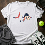 American Flag Heartbeat Ekg Paddle And Ball Vintage Pickleball T-Shirt — White