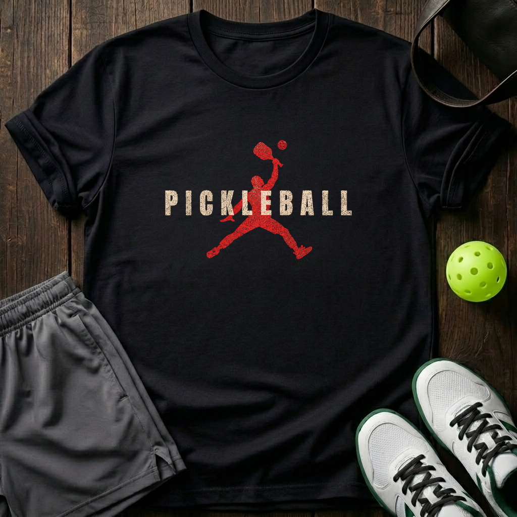 Silhouette Player Smash Distressed Pickleball T-Shirt — Black