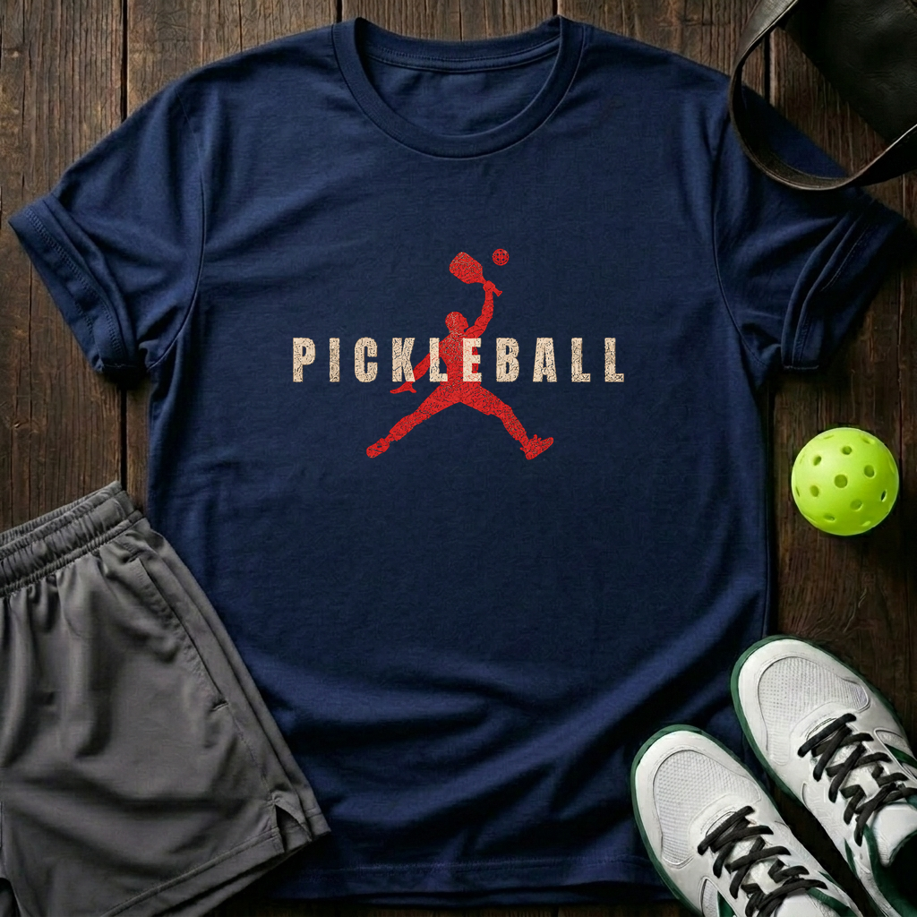 Silhouette Player Smash Distressed Pickleball T-Shirt — Navy