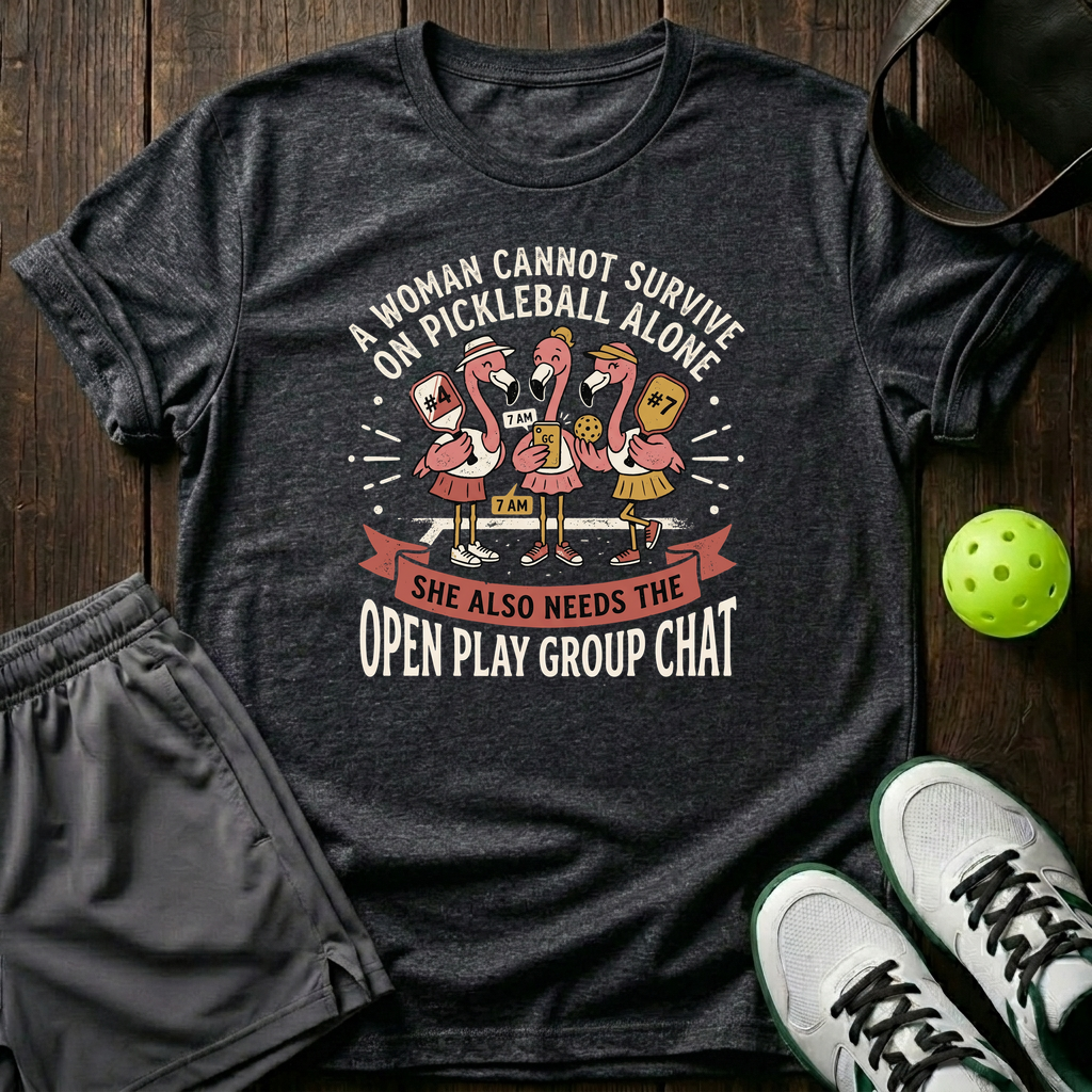A Woman Cannot Survive On Pickleball Alone She Also Needs The Open Play Group Chat T-Shirt — Dark Heather