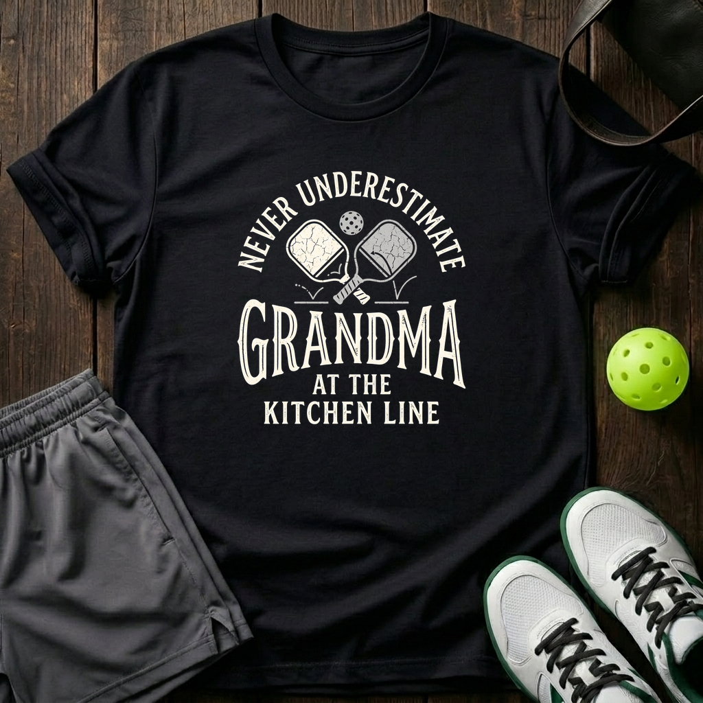 Never Underestimate Grandma At The Kitchen Line T-Shirt — Black