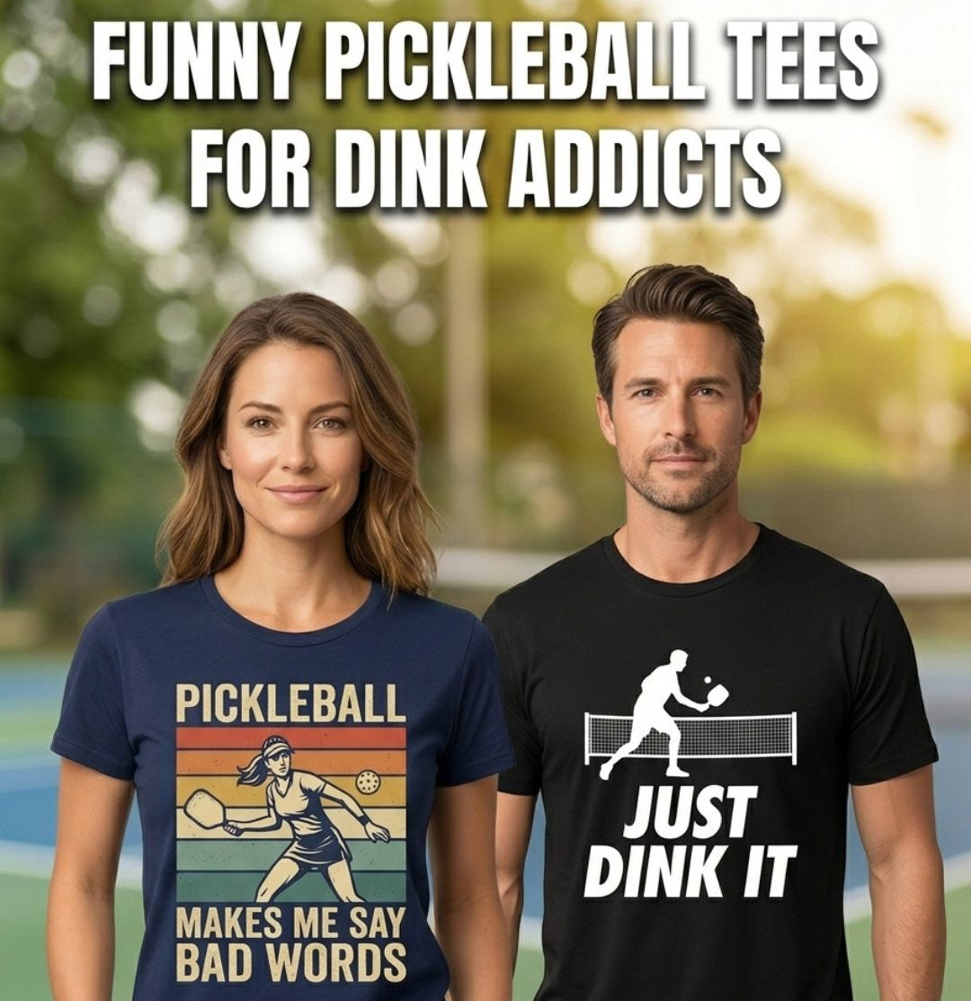 Two people wearing pickleball-themed t-shirts with humorous designs on a sports court background.